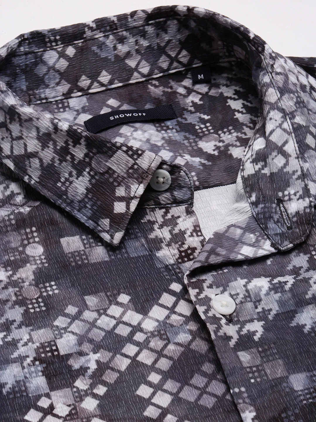 Men Grey Standard Slim Fit Abstract Printed Spread Collar Cotton Casual Shirt