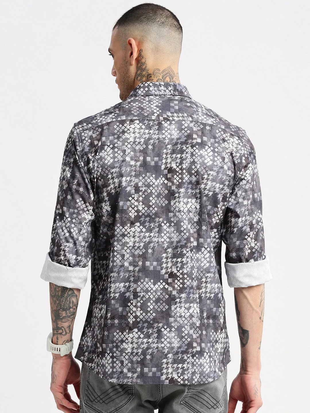 Men Grey Standard Slim Fit Abstract Printed Spread Collar Cotton Casual Shirt