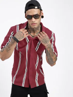 Men Maroon Comfort Cuban Collar Vertical Striped Cotton Relaxed Fit Casual Shirt