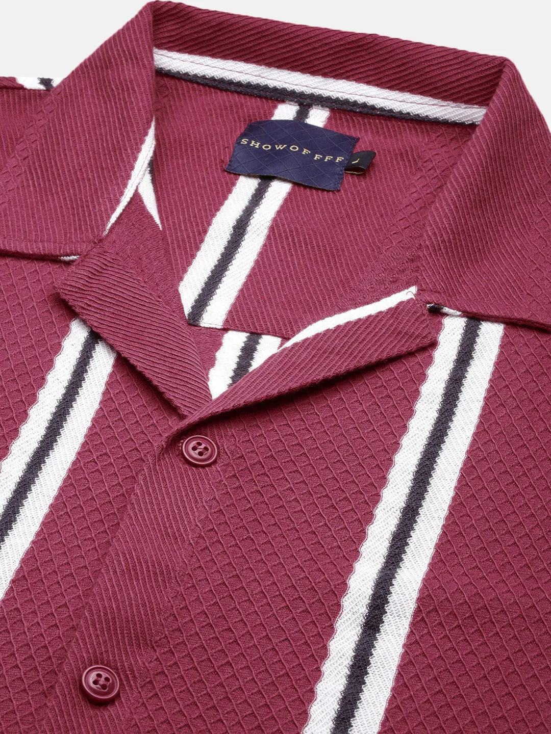 Men Maroon Comfort Cuban Collar Vertical Striped Cotton Relaxed Fit Casual Shirt