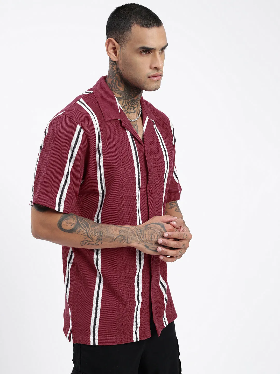 Men Maroon Comfort Cuban Collar Vertical Striped Cotton Relaxed Fit Casual Shirt