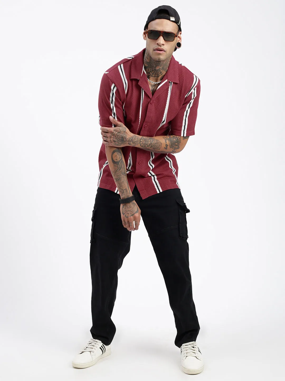 Men Maroon Comfort Cuban Collar Vertical Striped Cotton Relaxed Fit Casual Shirt