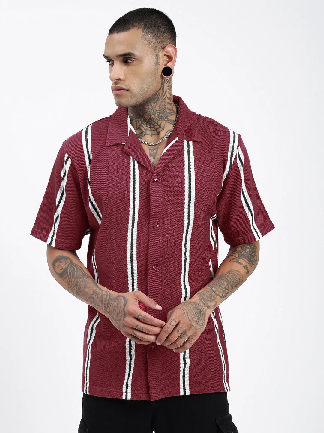 Men Maroon Comfort Cuban Collar Vertical Striped Cotton Relaxed Fit Casual Shirt
