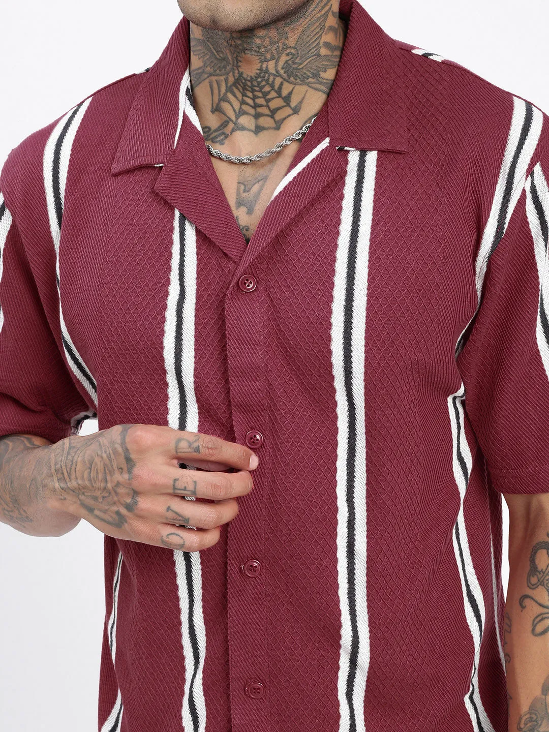Men Maroon Comfort Cuban Collar Vertical Striped Cotton Relaxed Fit Casual Shirt