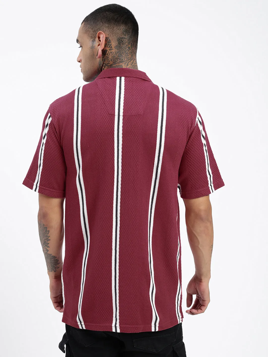 Men Maroon Comfort Cuban Collar Vertical Striped Cotton Relaxed Fit Casual Shirt