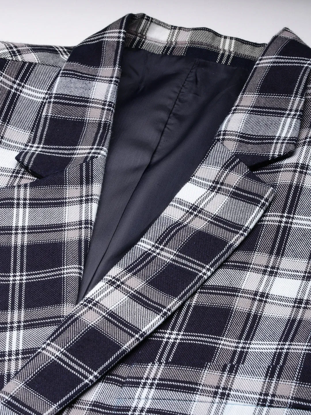 Men Navy Blue Checked Slim-Fit Single Breasted Casual Blazers