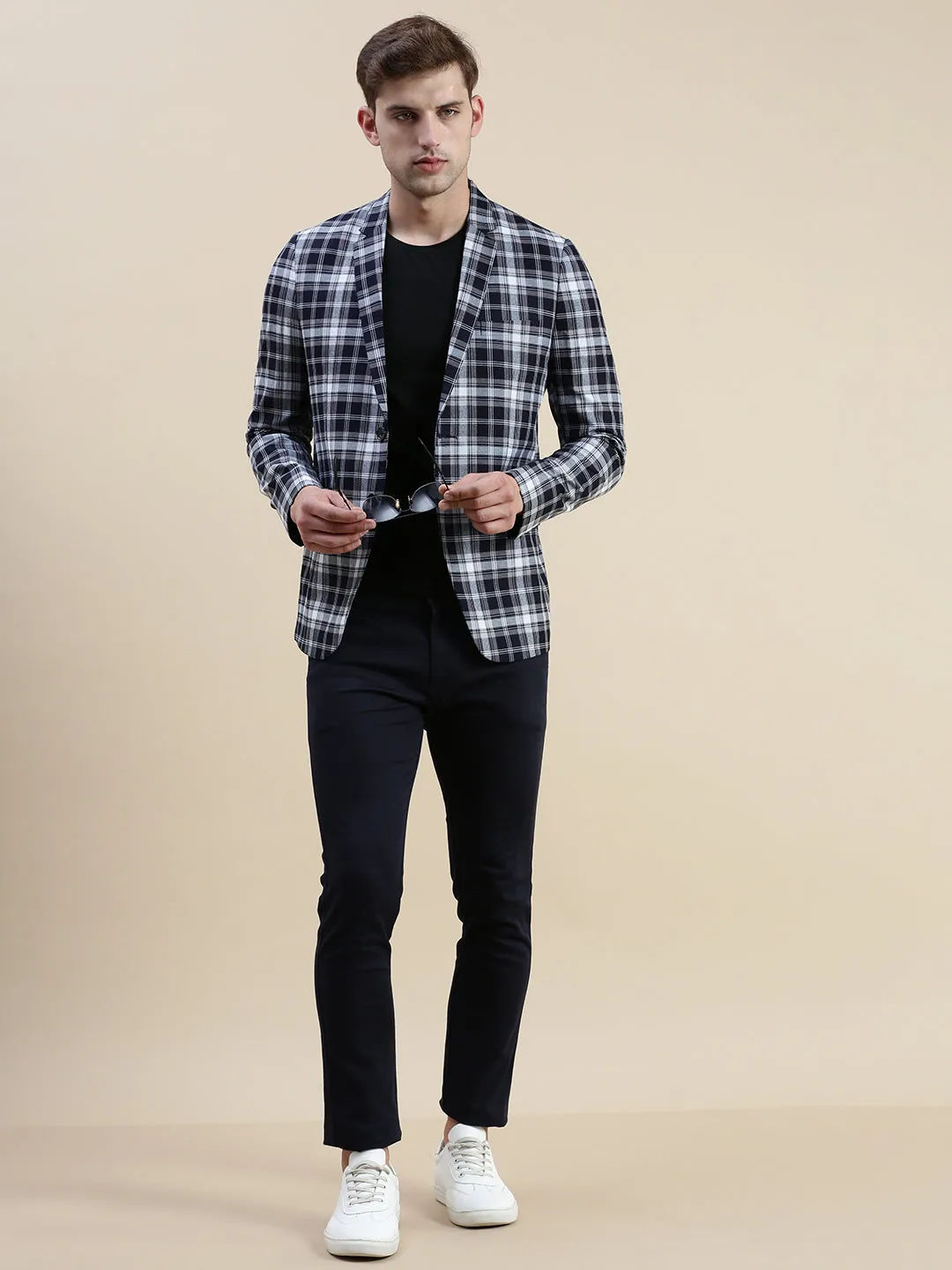 Men Navy Blue Checked Slim-Fit Single Breasted Casual Blazers