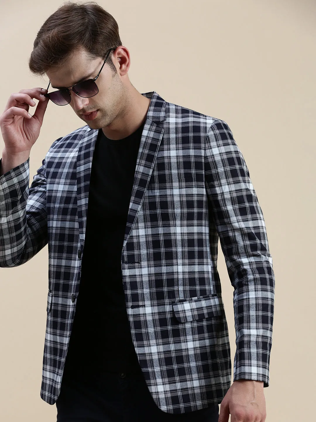 Men Navy Blue Checked Slim-Fit Single Breasted Casual Blazers
