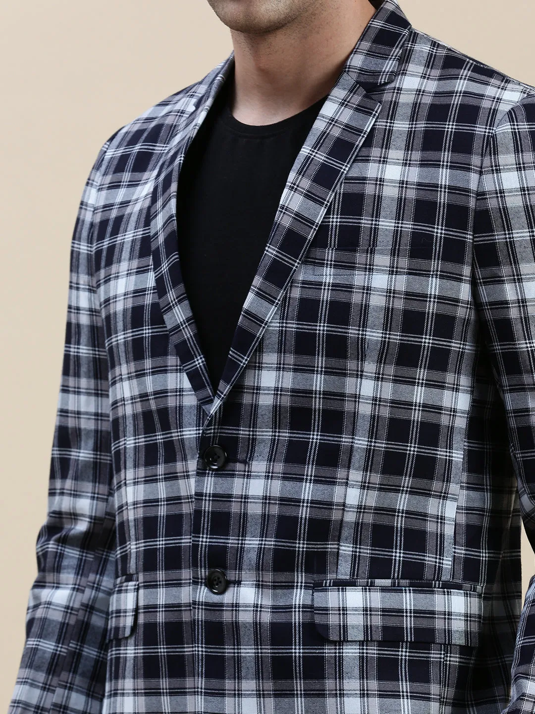 Men Navy Blue Checked Slim-Fit Single Breasted Casual Blazers