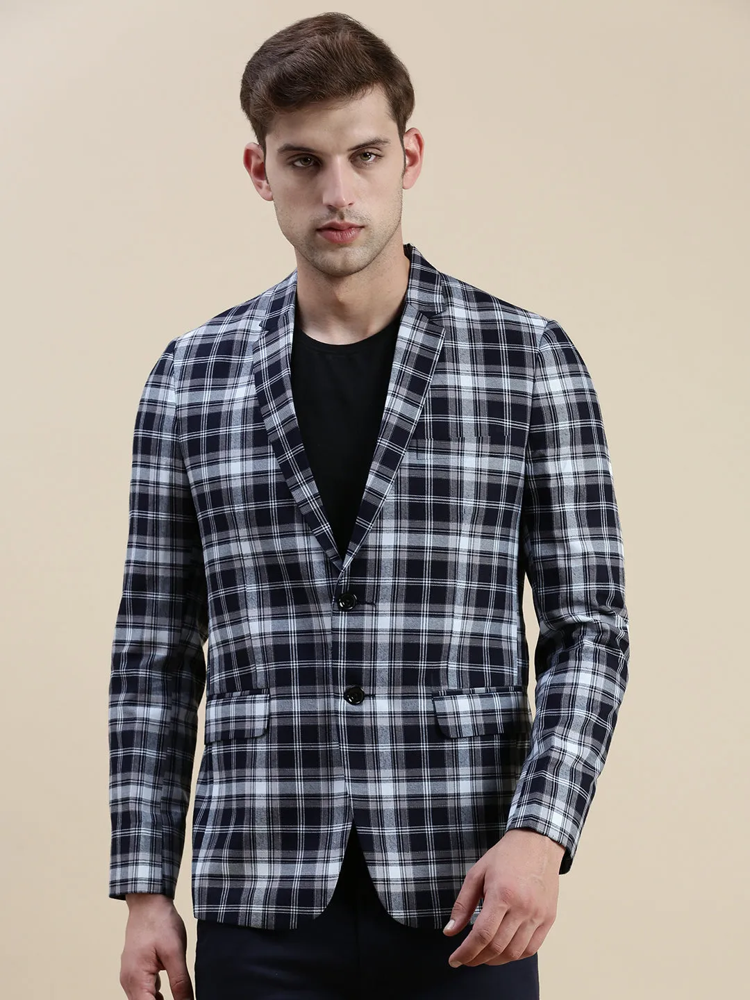 Men Navy Blue Checked Slim-Fit Single Breasted Casual Blazers