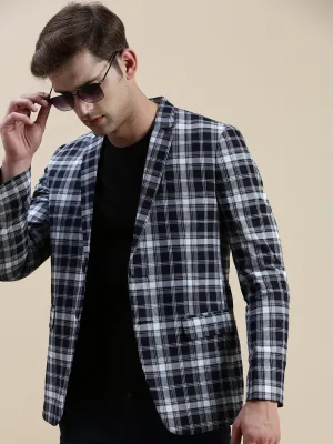 Men Navy Blue Checked Slim-Fit Single Breasted Casual Blazers