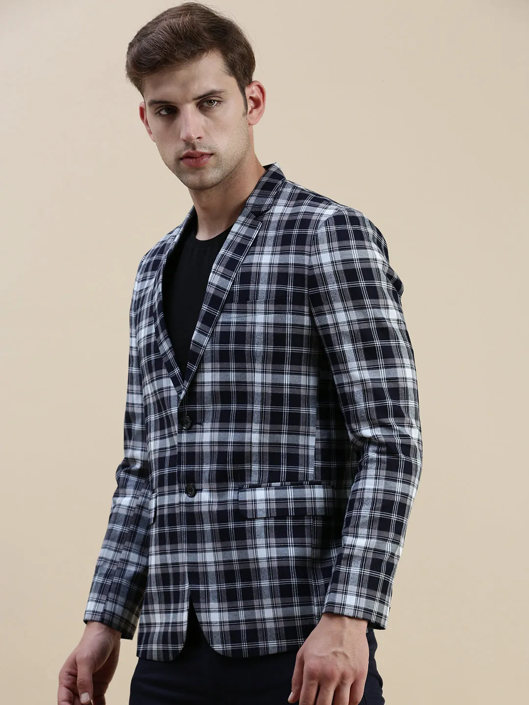 Men Navy Blue Checked Slim-Fit Single Breasted Casual Blazers