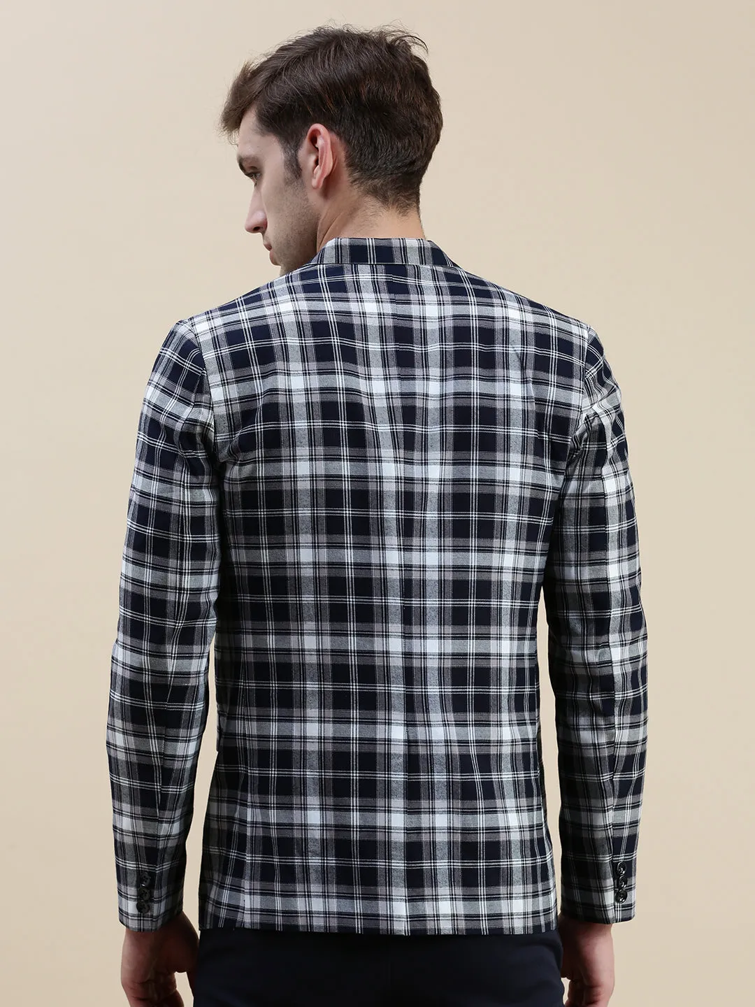 Men Navy Blue Checked Slim-Fit Single Breasted Casual Blazers