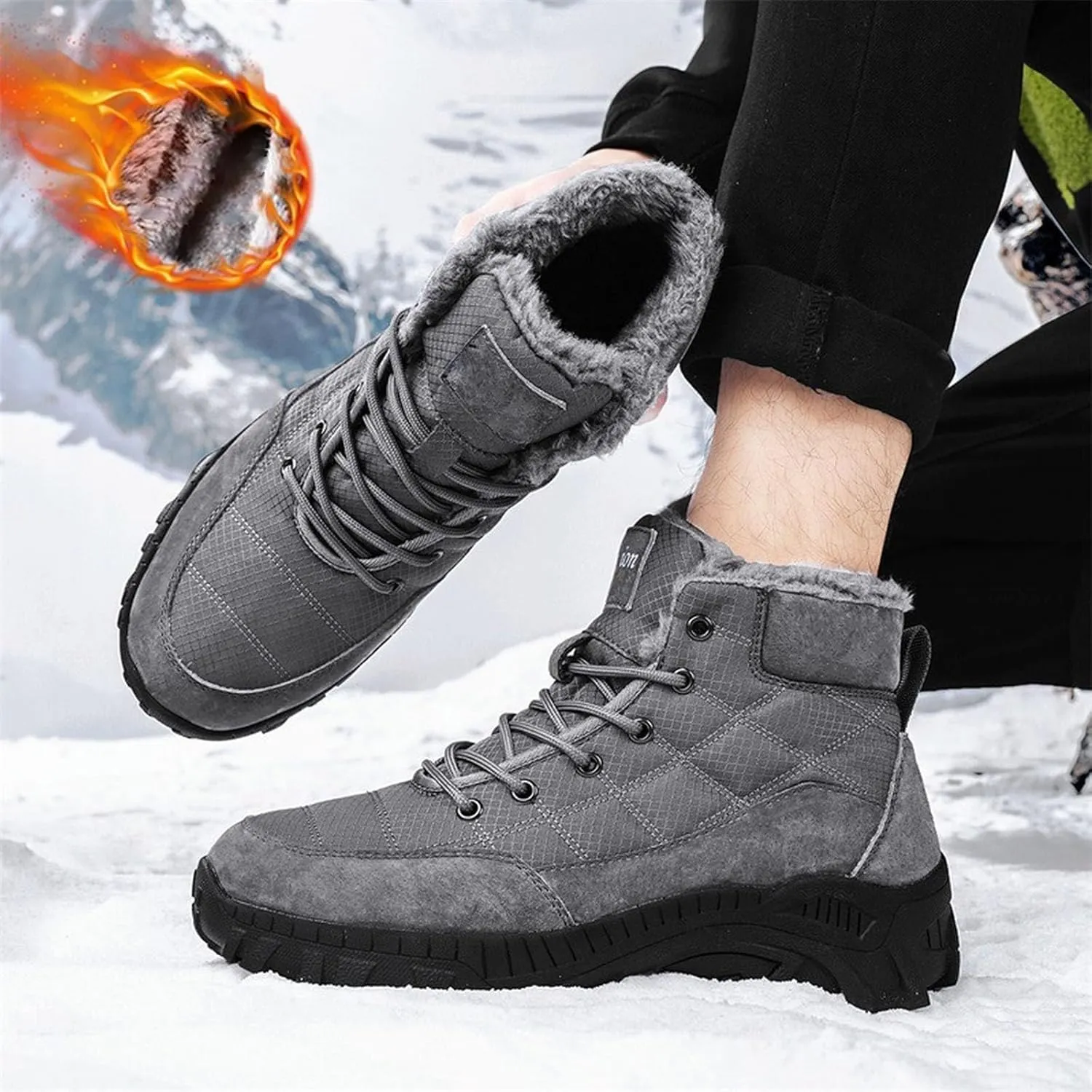 Men Work Boots Steel Toe Hiking Sneakers Warm Fur Lined Womens Safety Toe Shoes Soft Toe Work Botas Soft Toe Non Slip Rubber Sole Hike Grounded Footwear