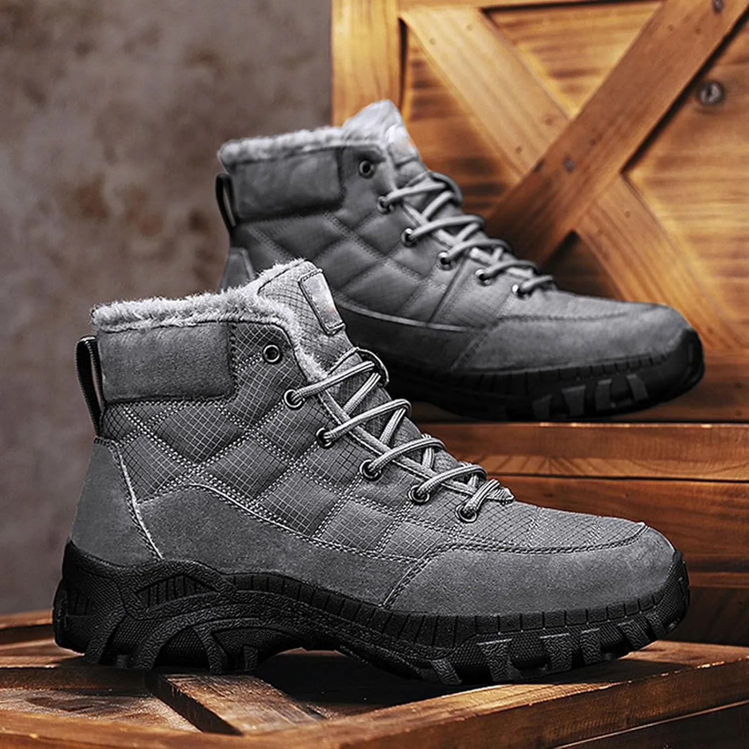 Men Work Boots Steel Toe Hiking Sneakers Warm Fur Lined Womens Safety Toe Shoes Soft Toe Work Botas Soft Toe Non Slip Rubber Sole Hike Grounded Footwear