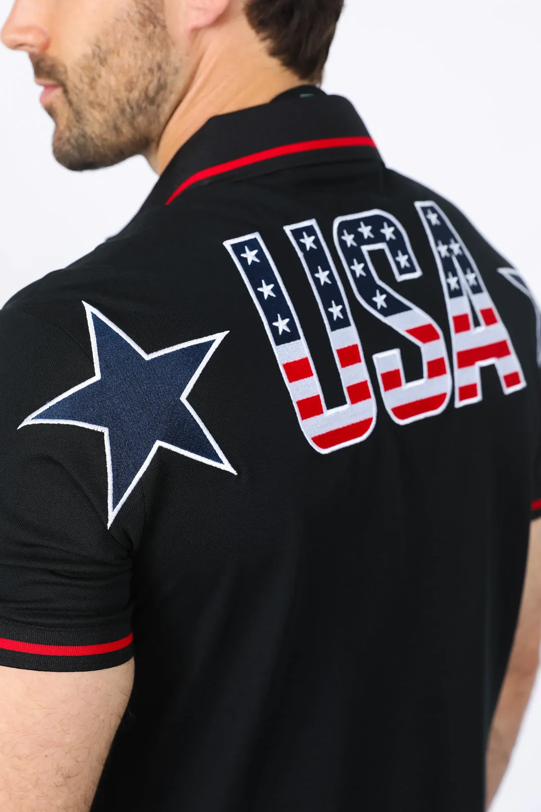 Mens Modern Fit Stretch USA Embroidery Polo From Platini Fashion