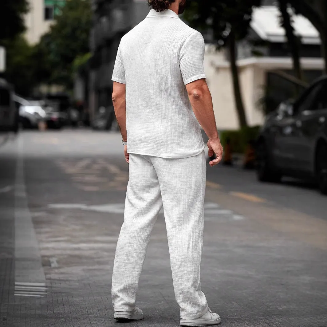 Mens Shirt and Pants Set  Lightweight Cotton  Relaxed Fit  Short Sleeve Casual
