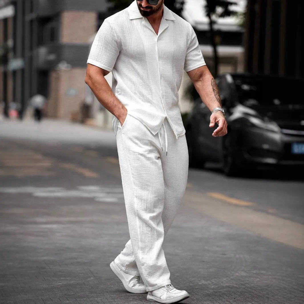Mens Shirt and Pants Set  Lightweight Cotton  Relaxed Fit  Short Sleeve Casual