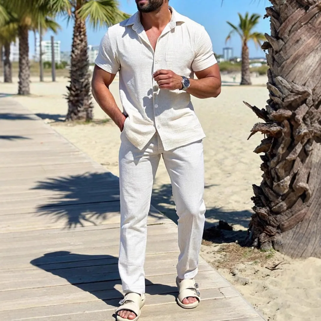 Mens Shirt and Pants Set  Lightweight Cotton  Relaxed Fit  Short Sleeve Casual
