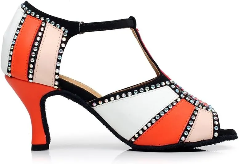Minishion QJ6211 Women's Color Block Latin Salsa Dance Shoes