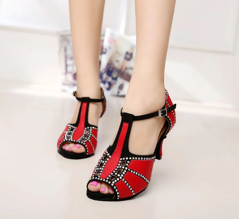Minishion QJ6211 Women's Color Block Latin Salsa Dance Shoes