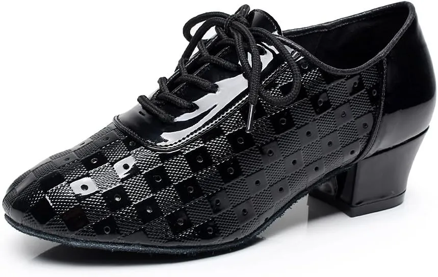 Minishion QJ6223 Women's Color Block Satin Latin Salsa Dance Shoes
