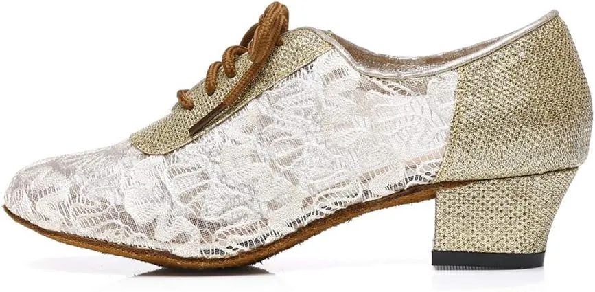 Minishion Women's Floral Mesh Lace-up Low Heel Ballroom Latin Dance Shoes Prom Pumps