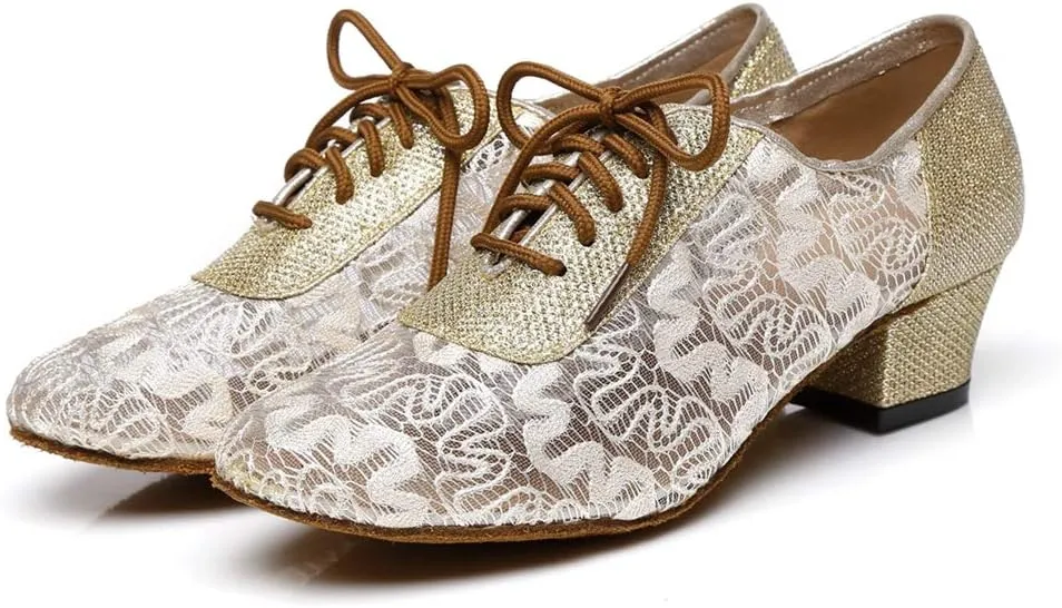 Minishion Women's Floral Mesh Lace-up Low Heel Ballroom Latin Dance Shoes Prom Pumps