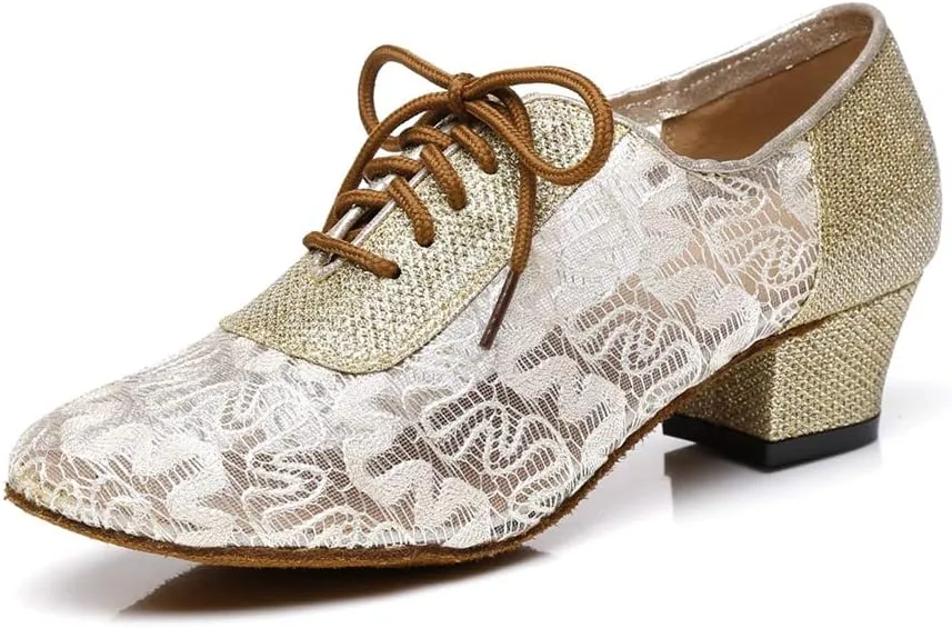 Minishion Women's Floral Mesh Lace-up Low Heel Ballroom Latin Dance Shoes Prom Pumps