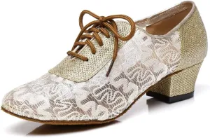 Minishion Women's Floral Mesh Lace-up Low Heel Ballroom Latin Dance Shoes Prom Pumps