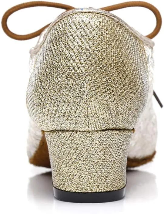 Minishion Women's Floral Mesh Lace-up Low Heel Ballroom Latin Dance Shoes Prom Pumps
