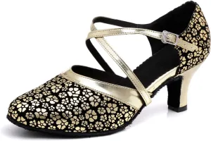 Minishion Women's Round Toe Cross Strap Floral Fashion Ballroom Dance Pumps Shoes