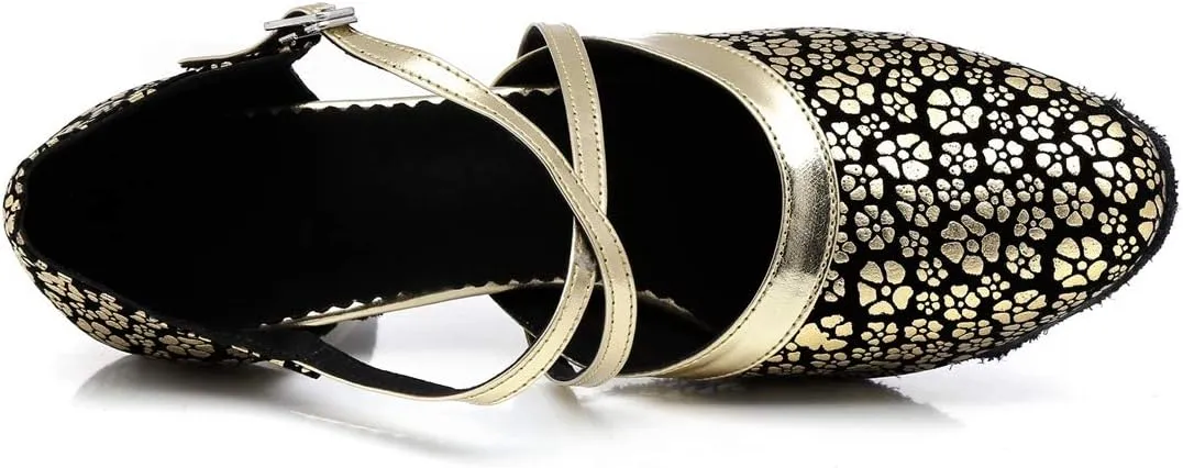 Minishion Women's Round Toe Cross Strap Floral Fashion Ballroom Dance Pumps Shoes