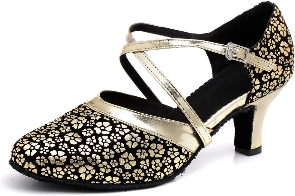 Minishion Women's Round Toe Cross Strap Floral Fashion Ballroom Dance Pumps Shoes