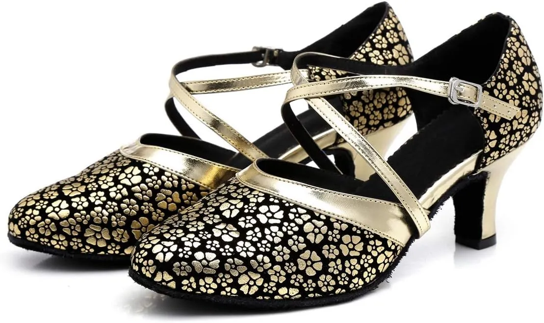 Minishion Women's Round Toe Cross Strap Floral Fashion Ballroom Dance Pumps Shoes