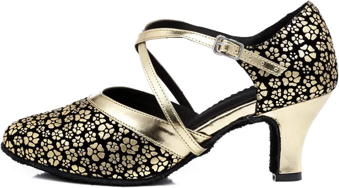 Minishion Women's Round Toe Cross Strap Floral Fashion Ballroom Dance Pumps Shoes