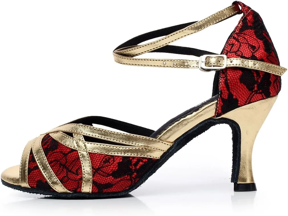 Minishion Women's Style QJ6207 Cross Strap Lace Latin Ballroom Dance Shoes