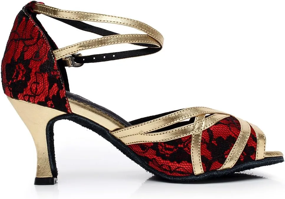 Minishion Women's Style QJ6207 Cross Strap Lace Latin Ballroom Dance Shoes