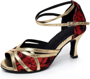 Minishion Women's Style QJ6207 Cross Strap Lace Latin Ballroom Dance Shoes