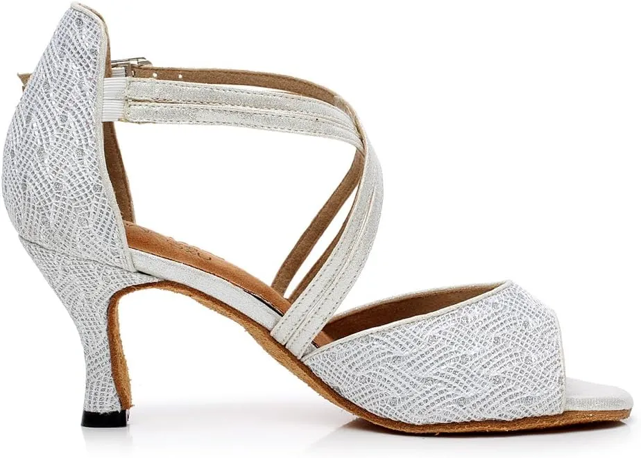 Minishion Women's Style QJ6210 Peep Toe Double Cross Strap Salsa Latin Ballroom Dance Shoes