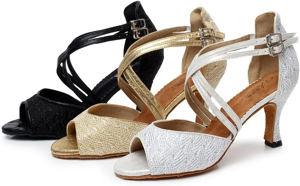 Minishion Women's Style QJ6210 Peep Toe Double Cross Strap Salsa Latin Ballroom Dance Shoes