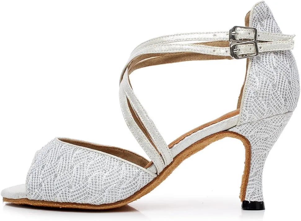 Minishion Women's Style QJ6210 Peep Toe Double Cross Strap Salsa Latin Ballroom Dance Shoes