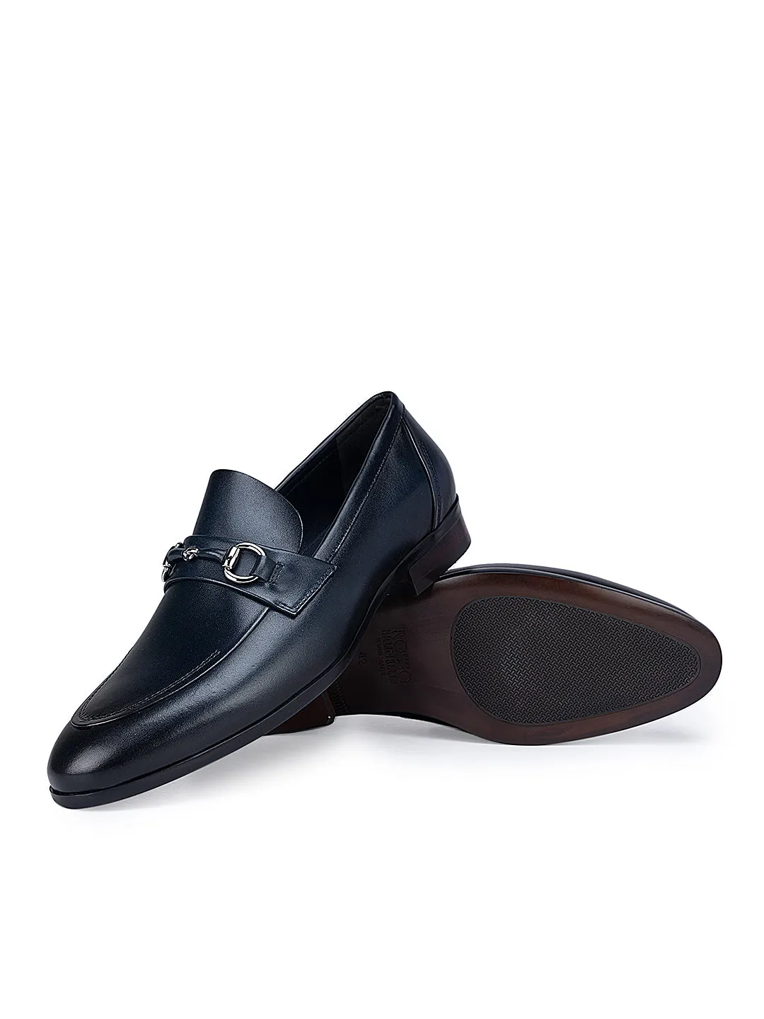 Navy Leather Loafers with Metal Buckle