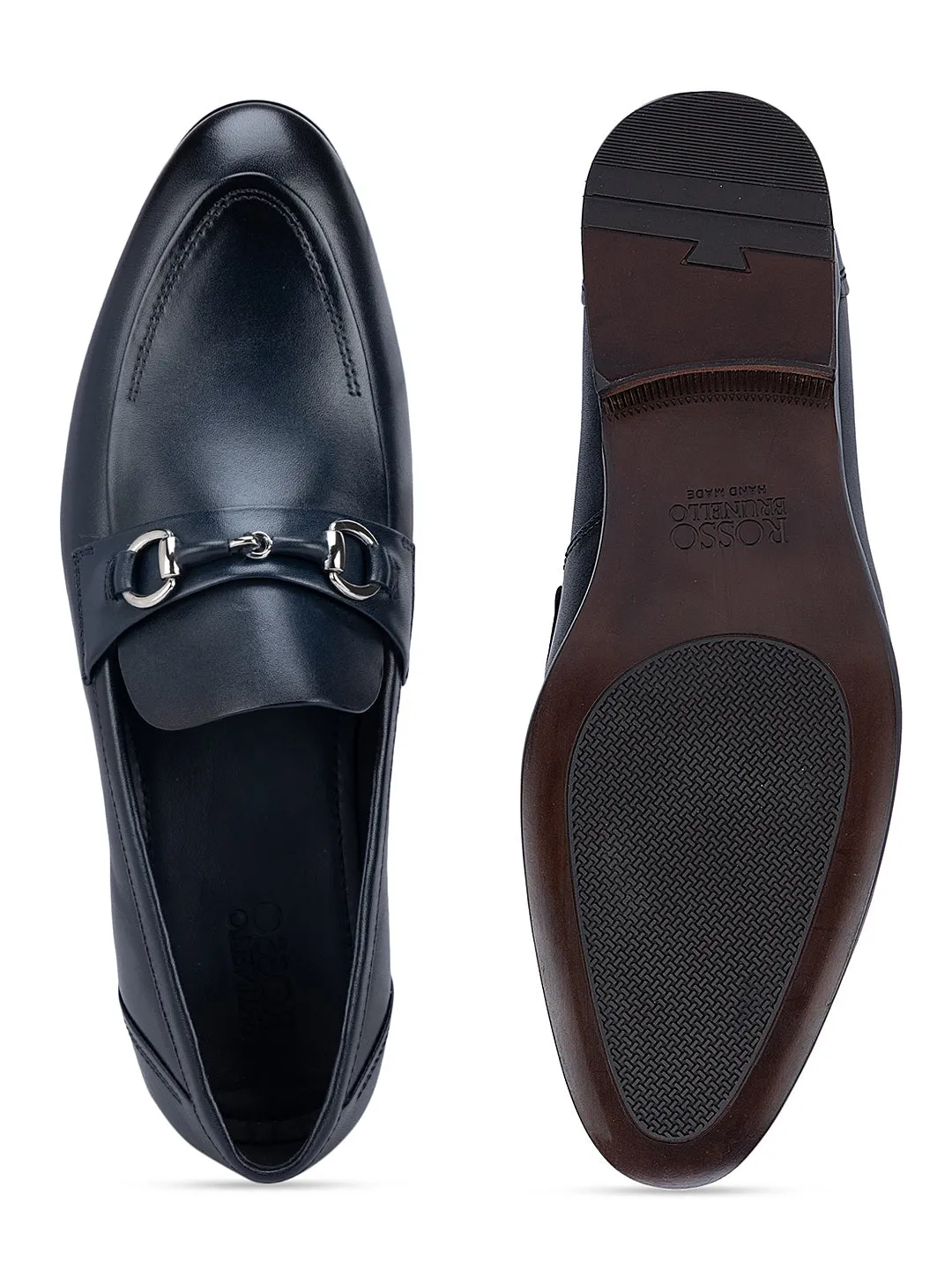 Navy Leather Loafers with Metal Buckle