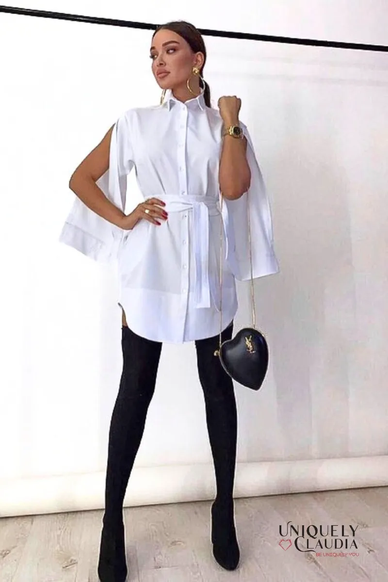 Neysha Button-Up Sleeves Belted Shirt Dress