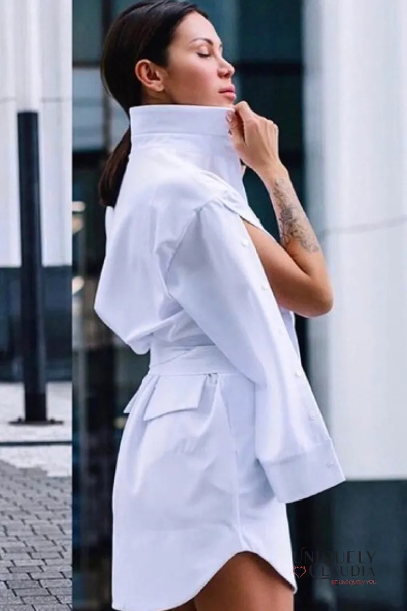 Neysha Button-Up Sleeves Belted Shirt Dress