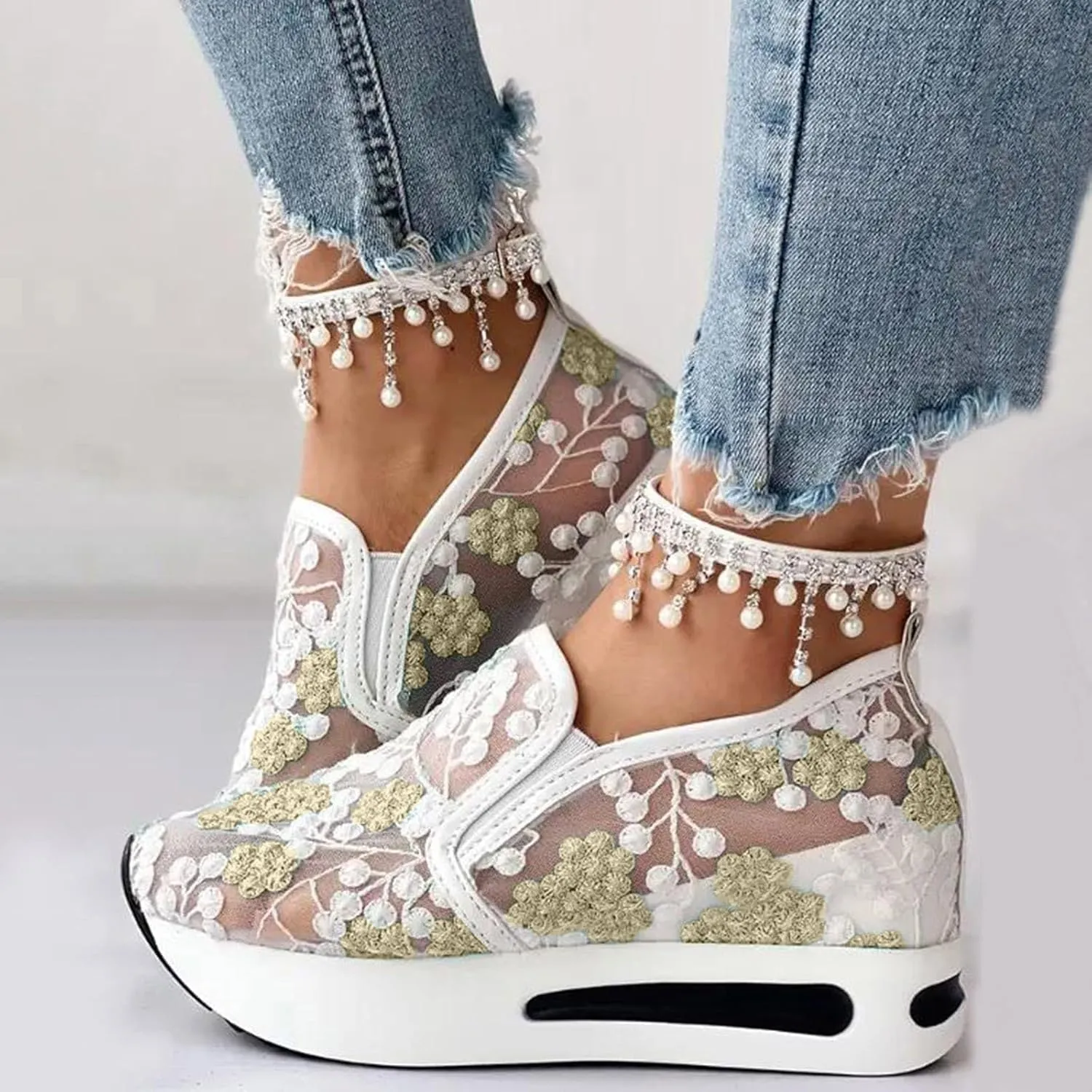 Platform Wedge Sneakers for Women Dressy Casual High Heel Loafers Floral Embroidery Tennis Shoes Breathable Walking Shoe Comfortable Sheer Mesh Slip on Shoe Chunky Sole Sneaker with Arch Support