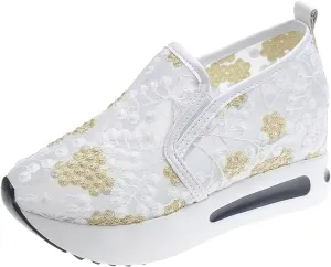 Platform Wedge Sneakers for Women Dressy Casual High Heel Loafers Floral Embroidery Tennis Shoes Breathable Walking Shoe Comfortable Sheer Mesh Slip on Shoe Chunky Sole Sneaker with Arch Support