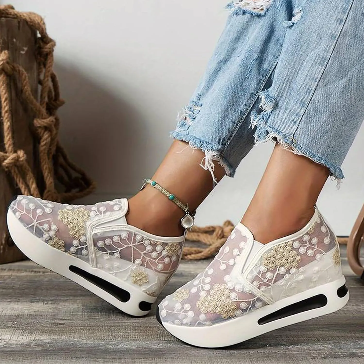 Platform Wedge Sneakers for Women Dressy Casual High Heel Loafers Floral Embroidery Tennis Shoes Breathable Walking Shoe Comfortable Sheer Mesh Slip on Shoe Chunky Sole Sneaker with Arch Support