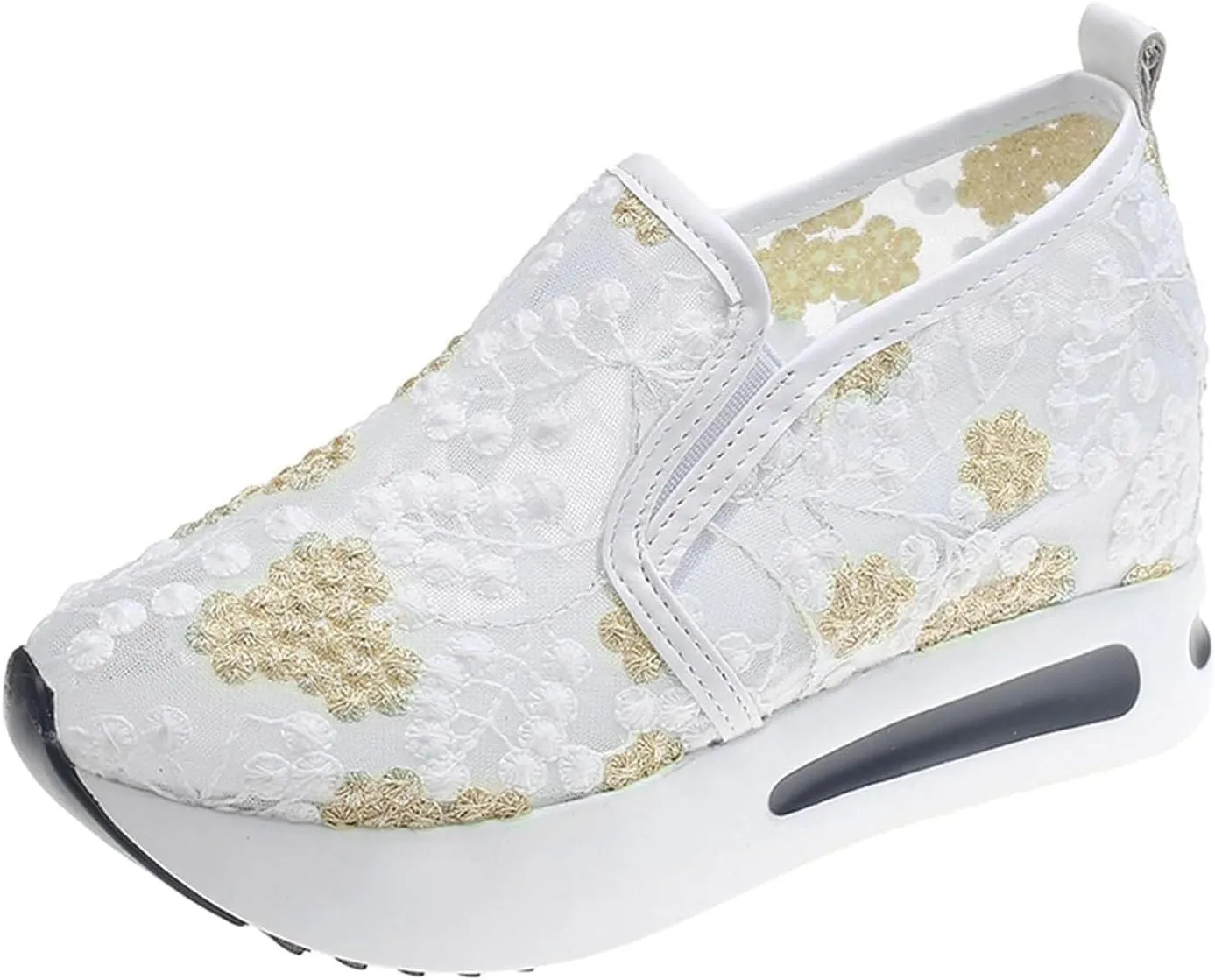 Platform Wedge Sneakers for Women Dressy Casual High Heel Loafers Floral Embroidery Tennis Shoes Breathable Walking Shoe Comfortable Sheer Mesh Slip on Shoe Chunky Sole Sneaker with Arch Support
